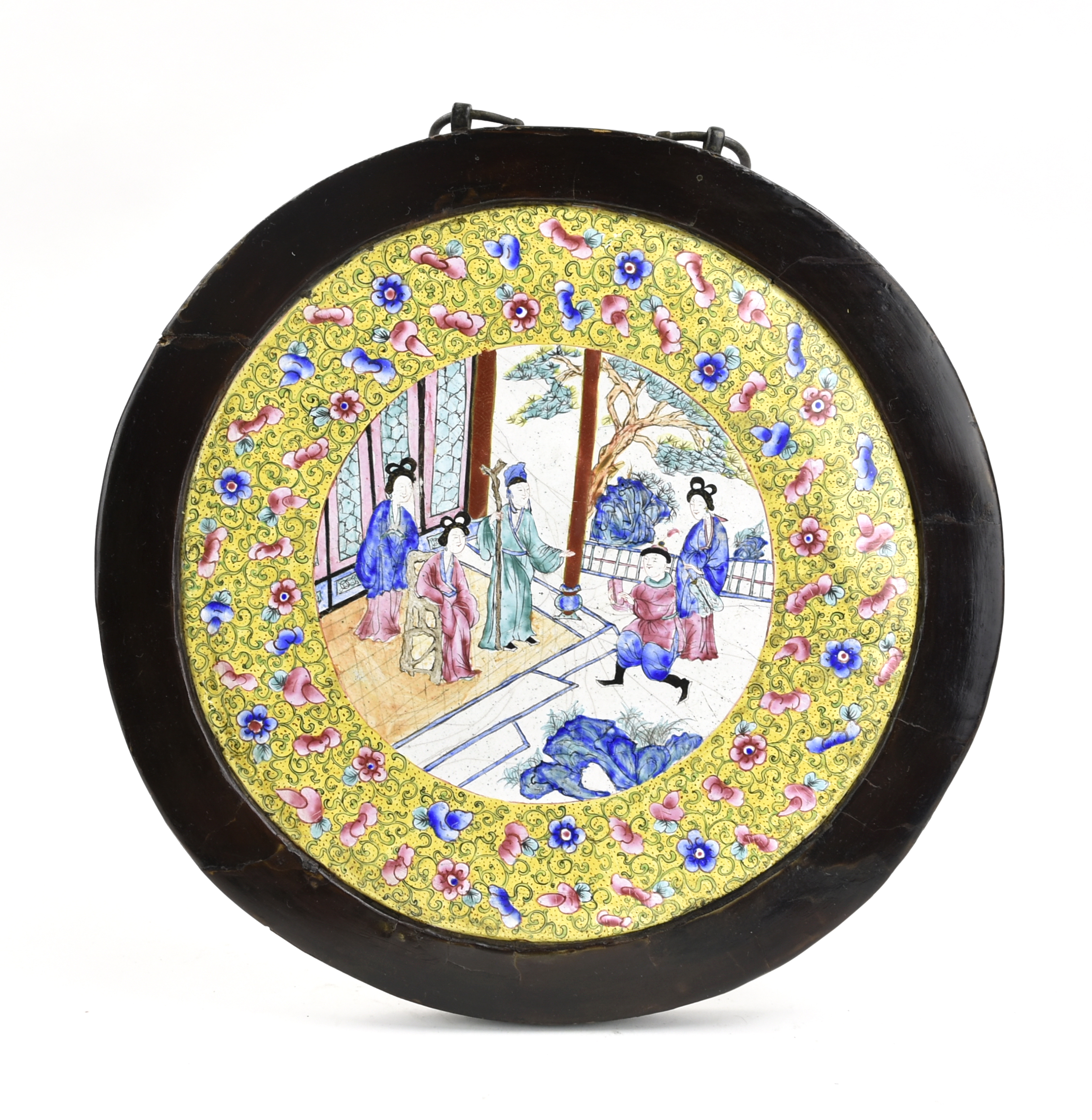 Appraisal: Chinese Qing Dynasty a circular plaque with yellow ground center