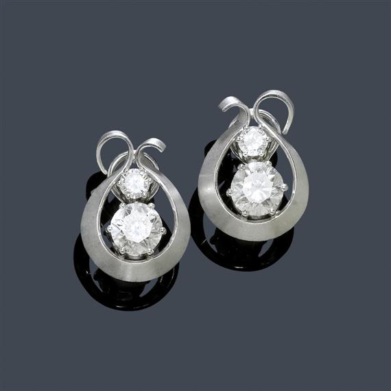 Appraisal: DIAMOND EAR CLIPS White gold Decorative ear clips modeled as