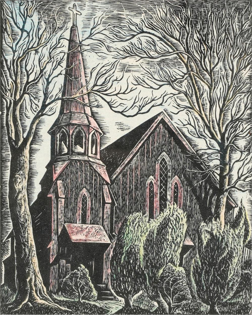 Appraisal: CHARLES SURENDORF - LITTLE RED CHURCH - SONORAcolor woodblock print