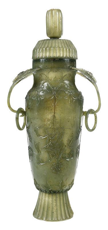 Appraisal: Mughal Style Carved Jade Chrysanthemum Vase Qing dynasty celadon jade