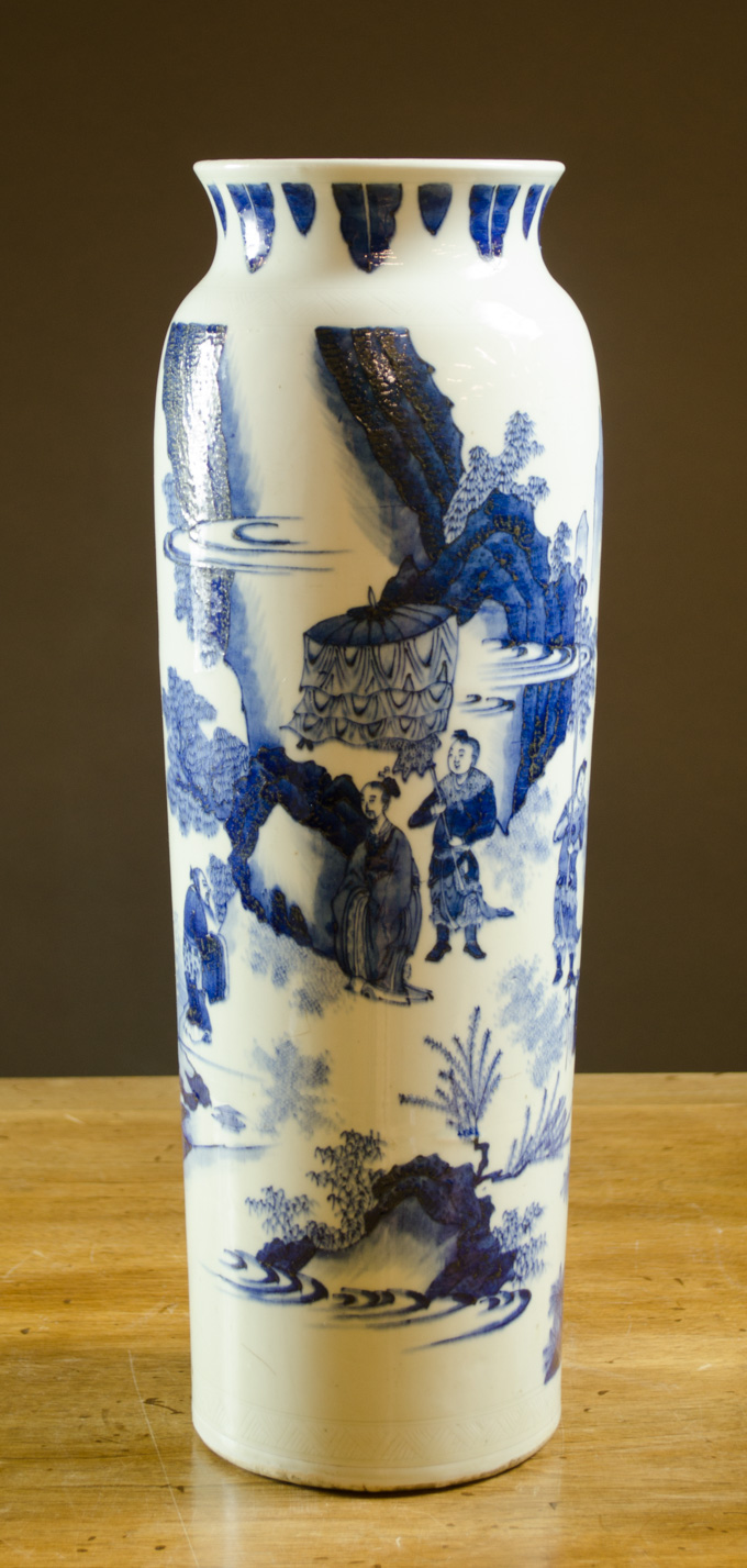 Appraisal: CHINESE BLUE UNDERGLAZE PORCELAIN VASE a cylindrical vessel with everted