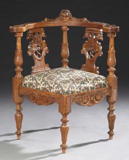 Appraisal: French Renaissance Style Carved Walnut Corner Chai French Renaissance Style