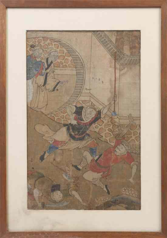 Appraisal: A Chinese Painting on Linen depicting a violent struggle between