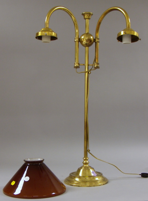 Appraisal: Modern Brass Double Student Lamp with a Cased Amber Glass