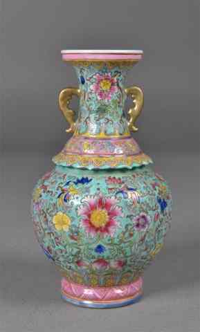 Appraisal: Chinese Famille Rose Porcelain Celedon VaseFinely enamelled green porcelain footed