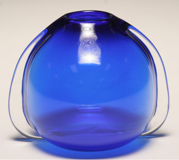 Appraisal: Blue studio glass bulbous vase Clear flanges Signed Greenwood H