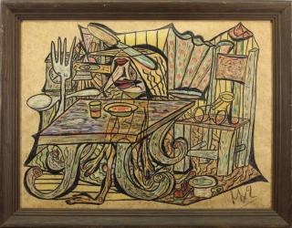 Appraisal: Mixed Media Signed th Century Interior Scene Mixed Media Signed