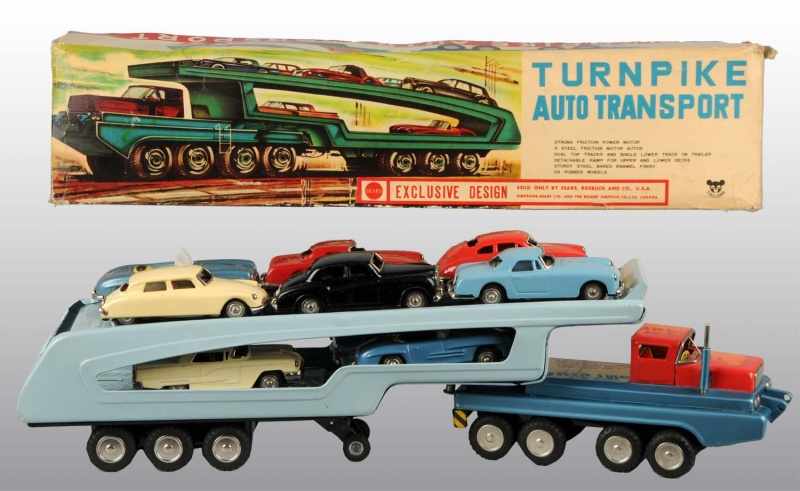 Appraisal: Tin Turnpike Auto Transport Friction Toy Description Japanese Working Scarce