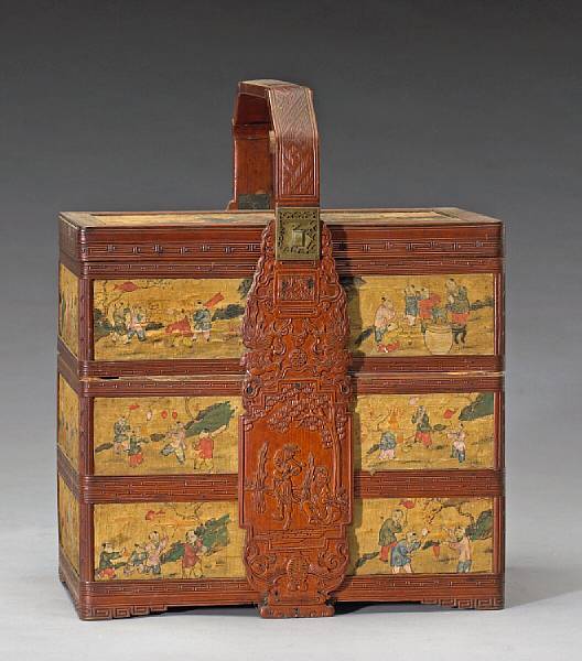 Appraisal: A three-tiered storage box With painted silk decoration of boys