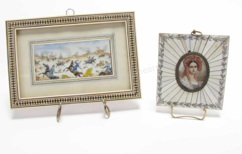 Appraisal: Two miniature paintings one depicting woman in period dress carved