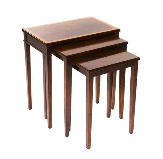 Appraisal: Three Marquetry and Bookmatched Veneer Nesting Tables having a rectangular