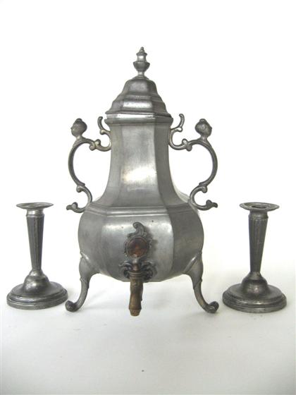 Appraisal: Pewter coffee urn and pair of pewter candlesticks holland and