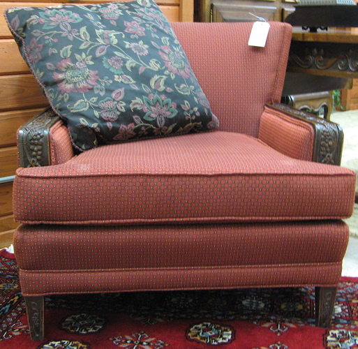 Appraisal: CARVED AND UPHOLSTERED OAK ARMCHAIR American early th century EN