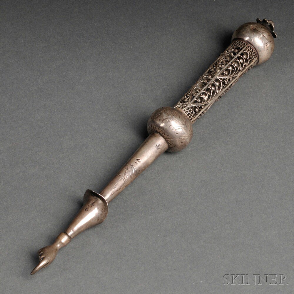 Appraisal: Russian Silver and Silver Filigree Torah Pointer Yad marked tapered