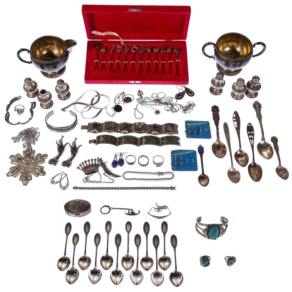 Appraisal: STERLING SILVER AND EUROPEAN SILVER JEWELRY AND TABLEWARE ASSORTMENTOver pounds