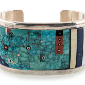 Appraisal: Jesse Monongya Hopi-Din b Silver Cuff with Mosaic Inlay marked