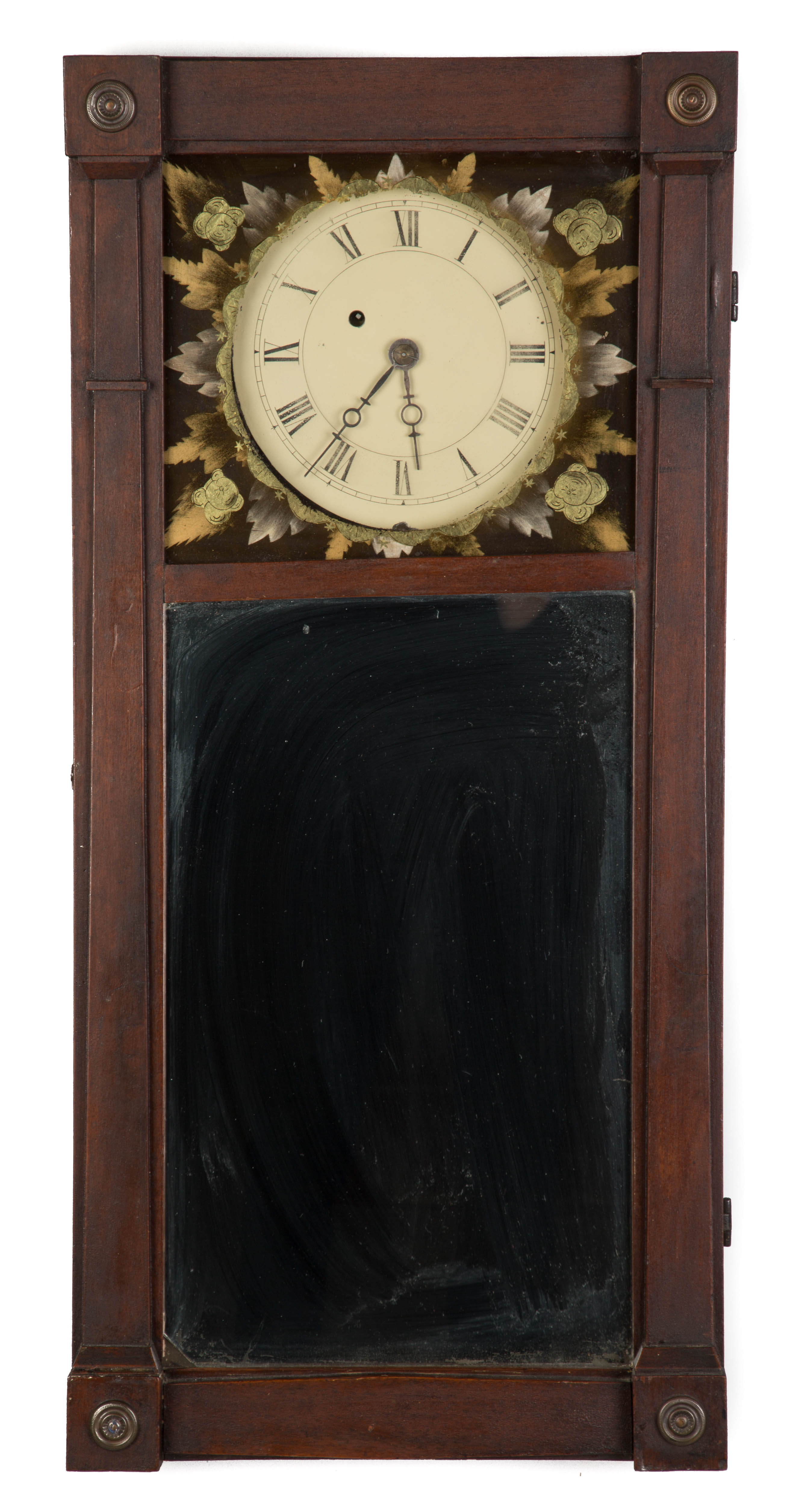 Appraisal: New England Mirror Clock Mahogany case old finish Dial is