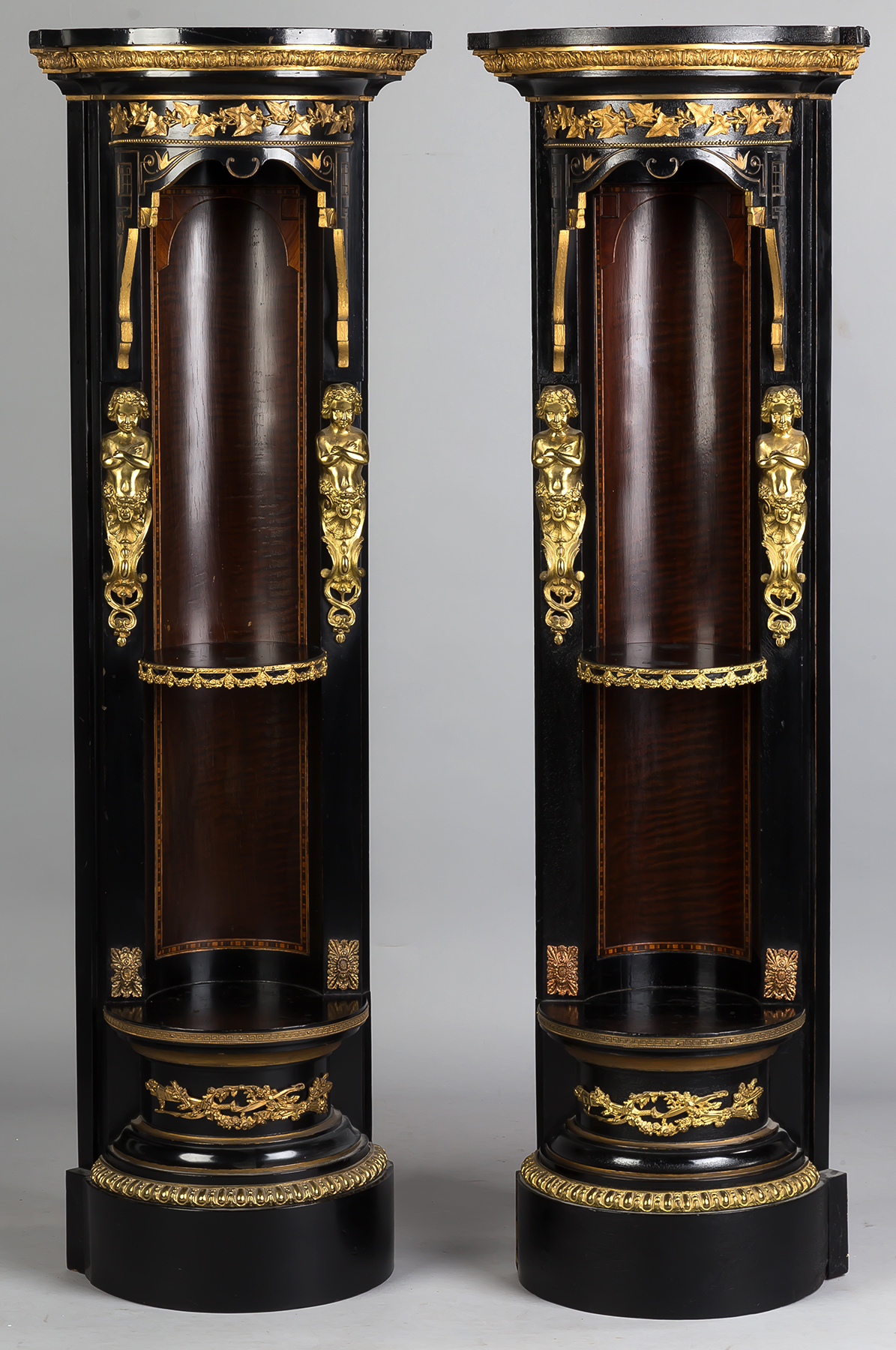 Appraisal: Pair Victorian Inlaid and Ebonized Corner Shelves Gilt bronze mounts