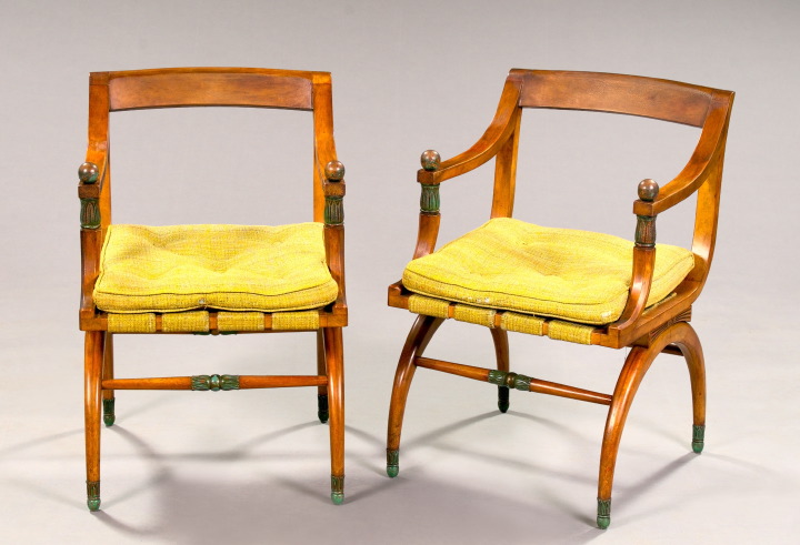 Appraisal: Pair of Curule-Form Maple Armchairs early th century the downswept