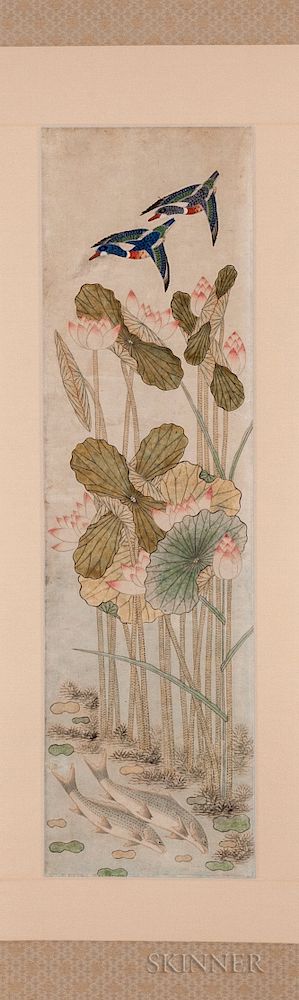 Appraisal: Pair of Hanging Scrolls Depicting Blooming Lotuses Pair of Hanging