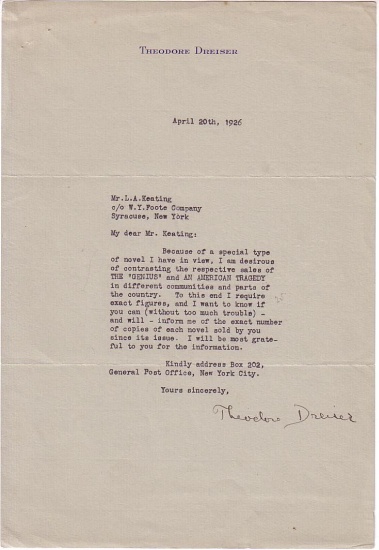 Appraisal: DREISER THEODORE Typed Letter Signed to L A Keating requesting