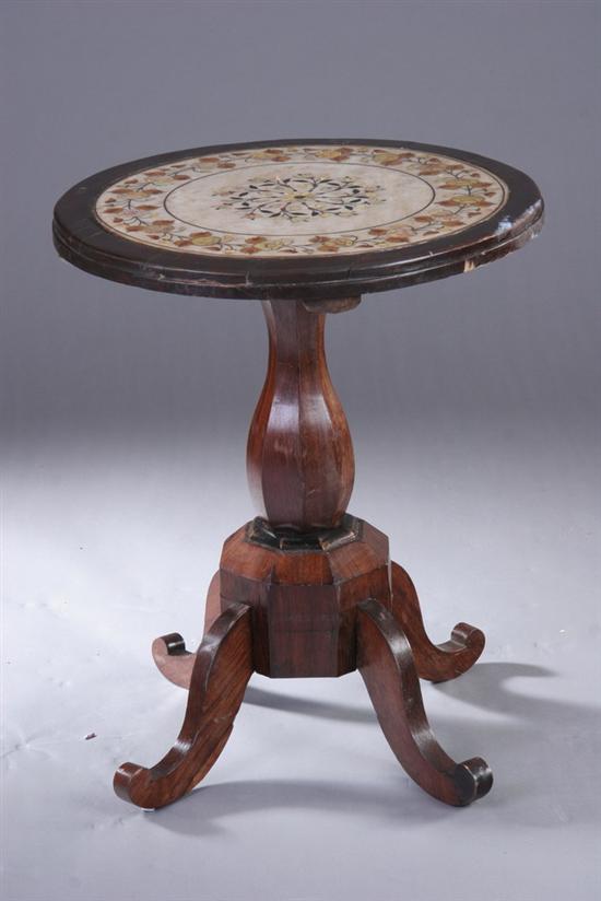 Appraisal: EARLY VICTORIAN MARBLE-TOP STAND circa rosewood and mother-of-pearl inlays Centered