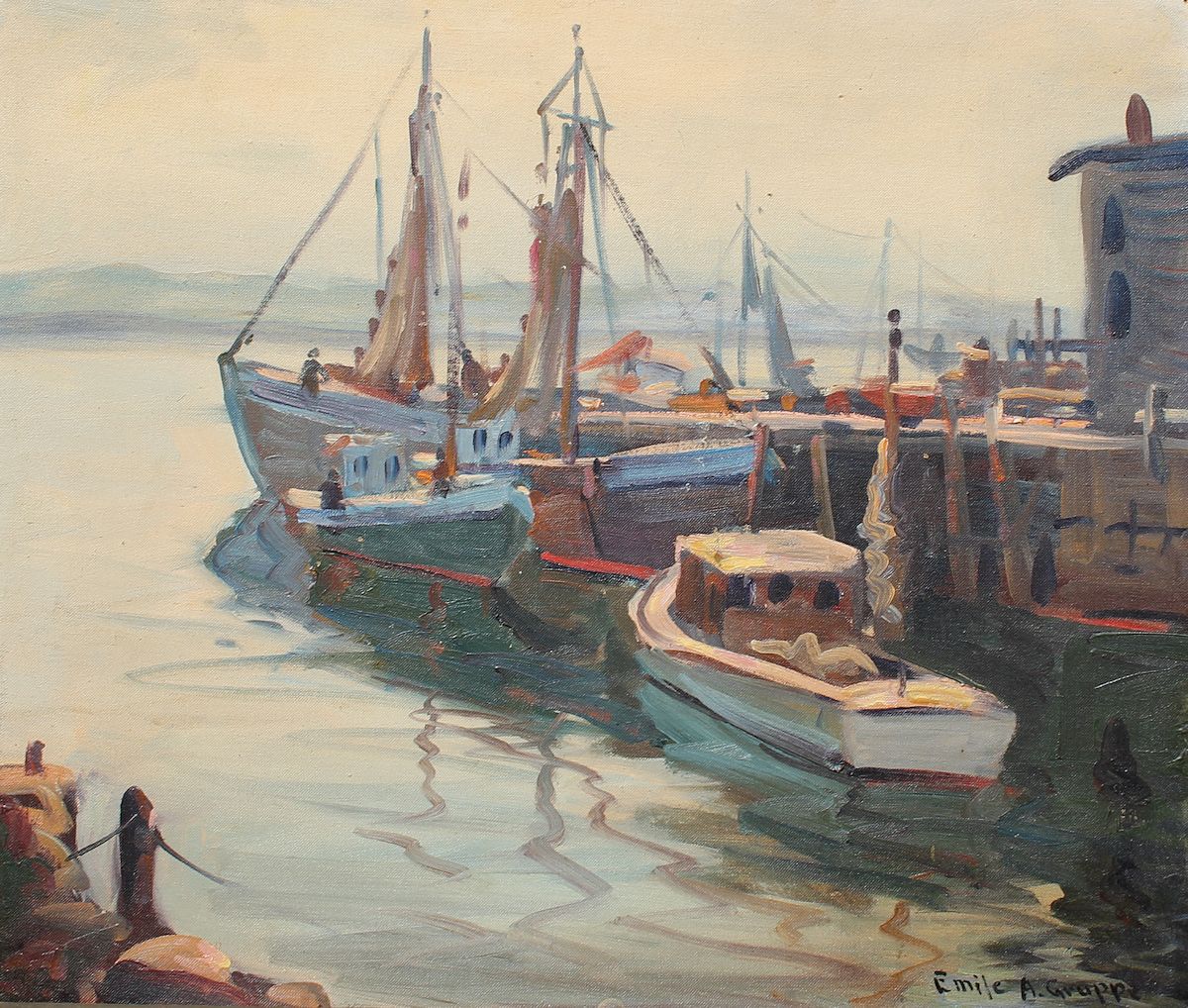 Appraisal: GRUPPE Emile American - Dockside Scene '' x '' Oil