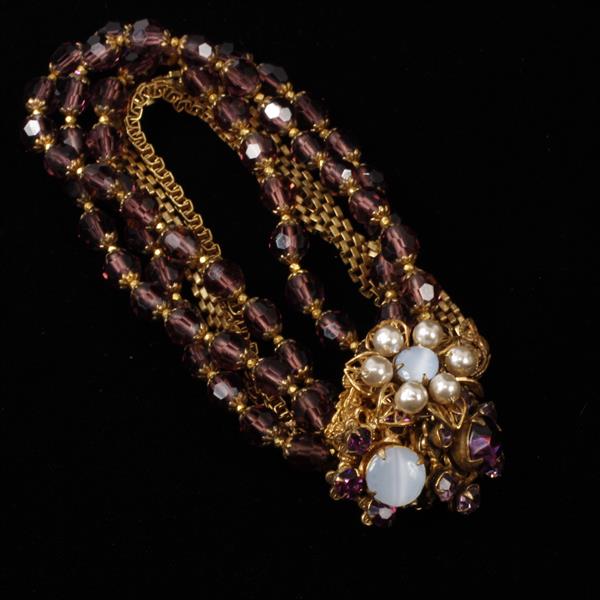 Appraisal: Miriam Haskell Multi-Strand Amethyst Glass Beaded Gold Tone Chain Bracelet