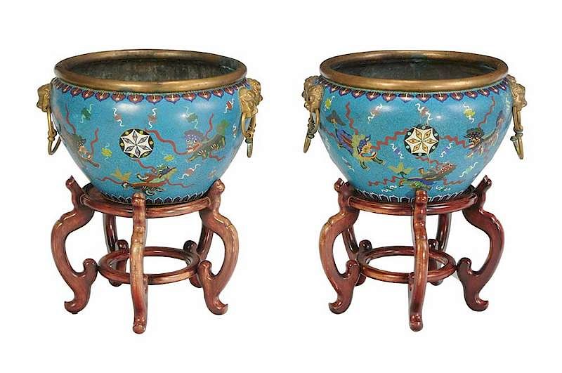 Appraisal: Pair Monumental Cloisonn Jardini res on Stands Chinese late Qing