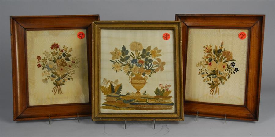 Appraisal: THREE FRENCH FRAMED STUMPWORK ON GROSGRAIN SILK FLOWER PICTURES sight