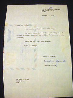 Appraisal: TLS one page dated August letter of thanks signed Indira