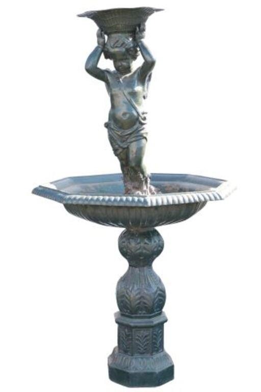 Appraisal: Large French painted cast iron garden fountain having winged cherub