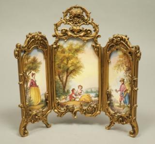 Appraisal: Continental Part Enamel Folding Table Screen Miniature enamel court scenes