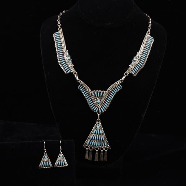 Appraisal: Native American Sterling Silver Turquoise Needlepoint Necklace and Earring Set