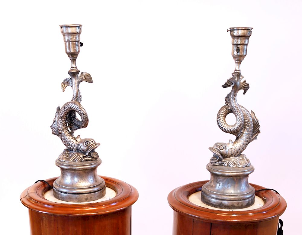 Appraisal: Pewter Patina Metal Dolphin Lamps Exclusive on Bidsquare Pair of