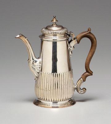 Appraisal: George II English silver coffeepot baluster form partial gadroon body