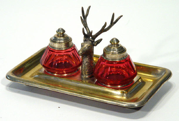 Appraisal: Rectangular silver plated WMF desk stand with stag's head centre