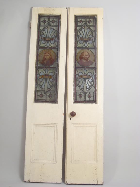 Appraisal: Pair of painted Doors with coloured leaded lights depicting portrait