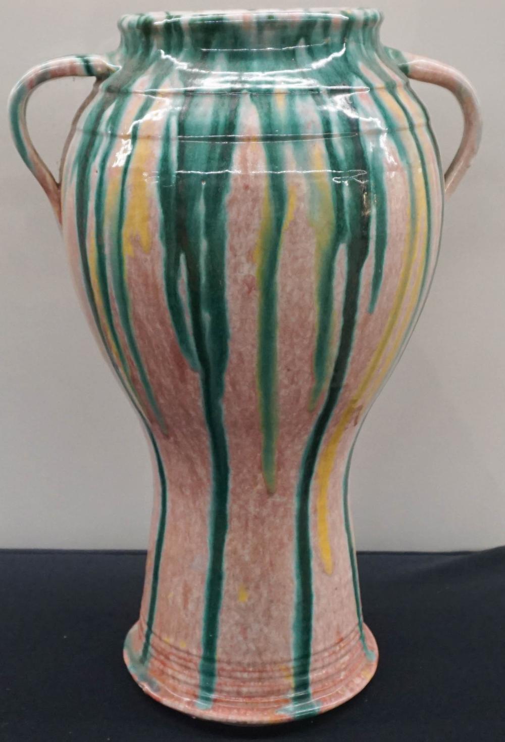 Appraisal: CONTEMPORARY SLIP GLAZE POTTERY TWO-HANDLE VASE H IN CM Contemporary