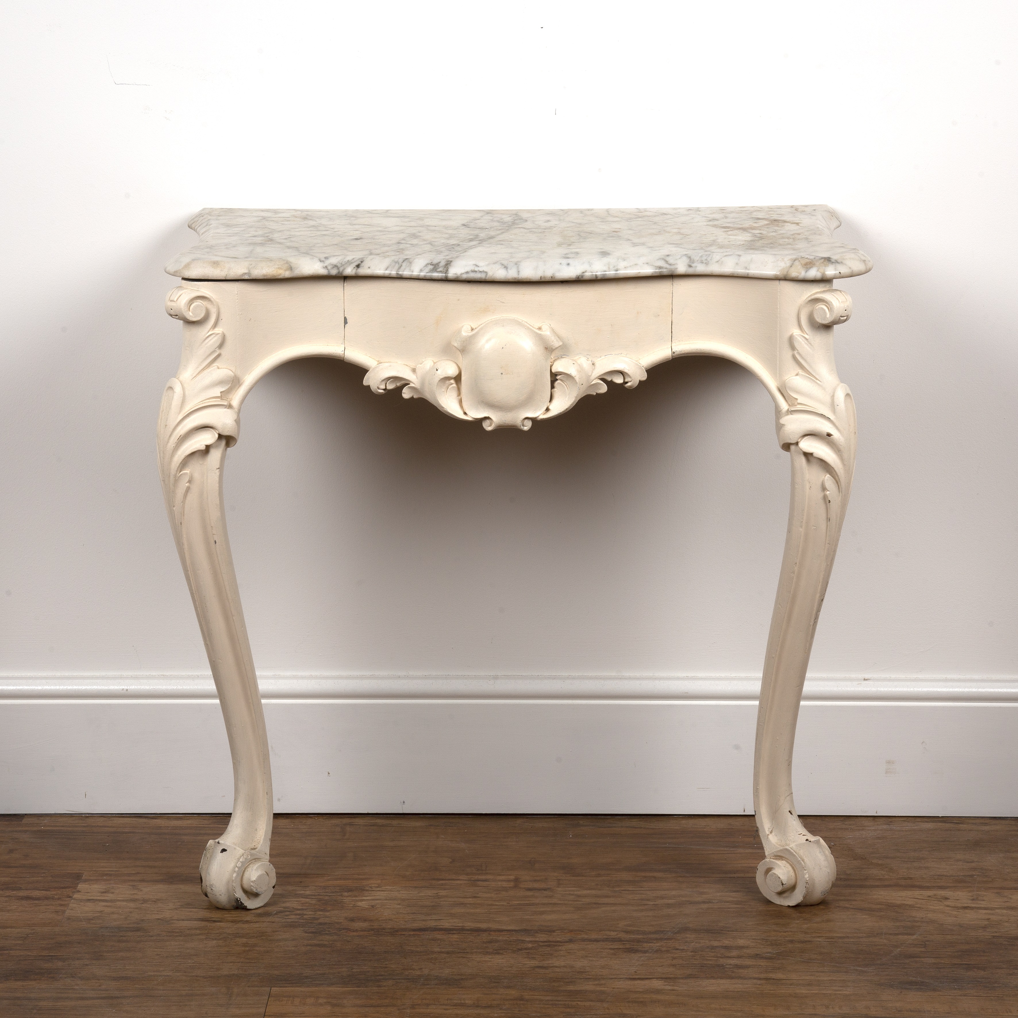 Appraisal: White painted and marble top console tablewith central fitted drawer