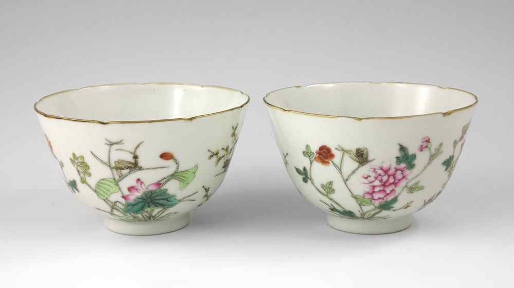 Appraisal: PAIR CHINESE FAMILLE ROSE BOWLS Hand painted '' tall ''