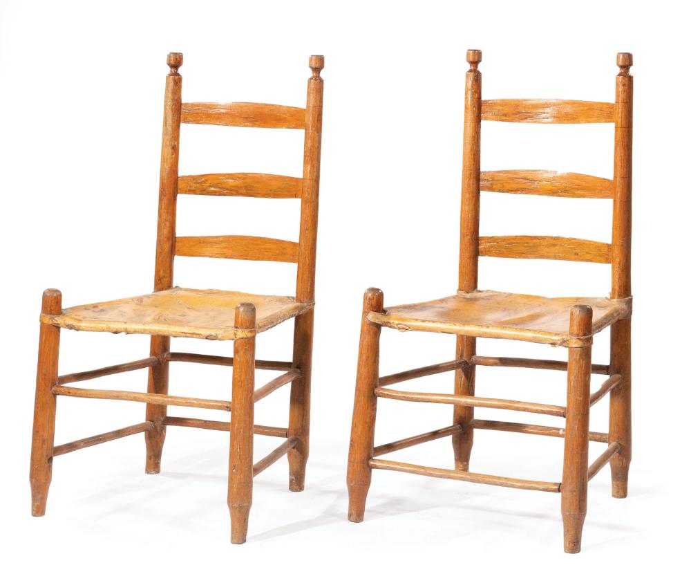 Appraisal: Pair of Acadian Ladder-Back Chairs th c hide seats stretchers