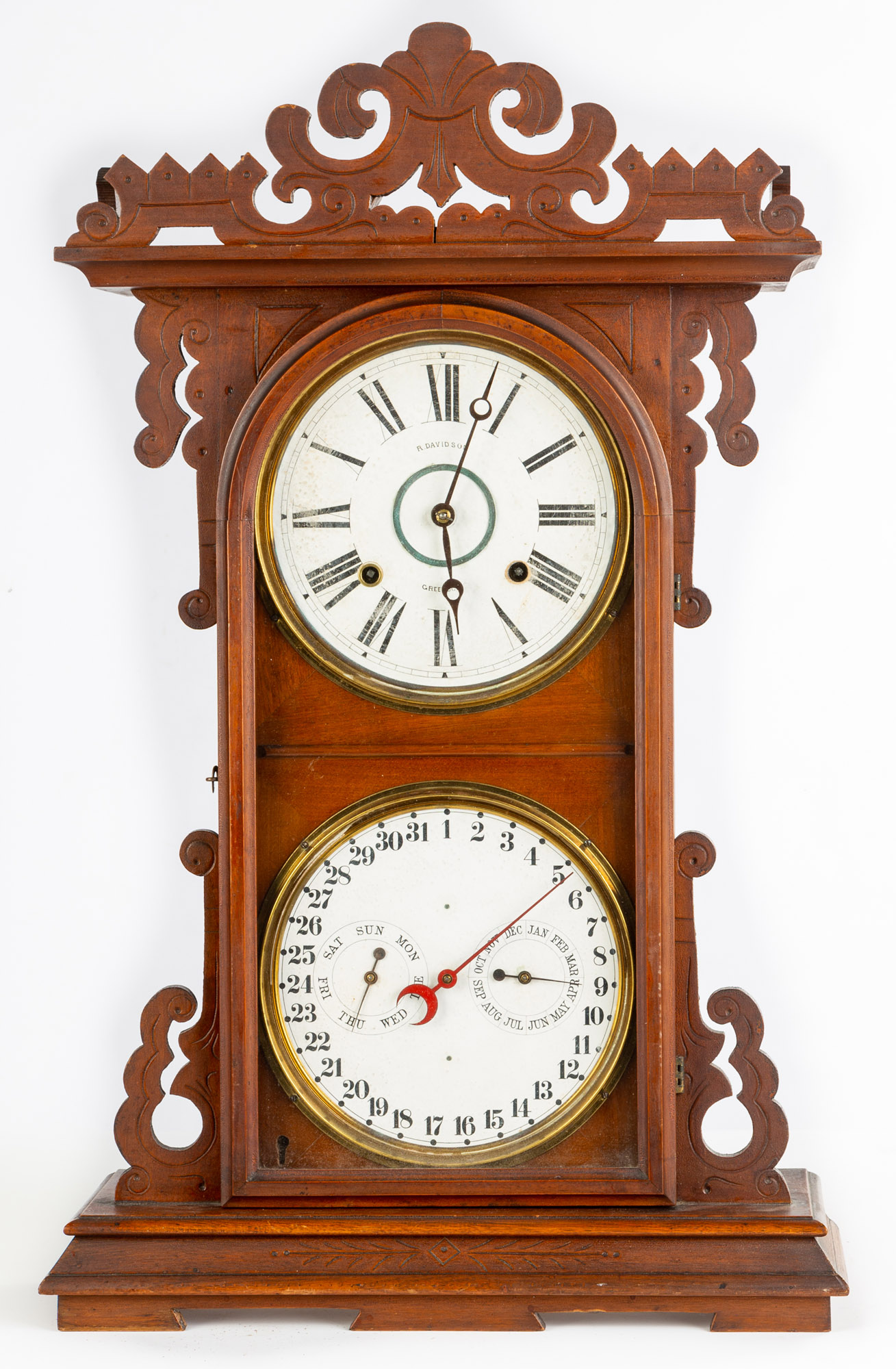 Appraisal: GALE PAT DOUBLE DIAL CALENDAR CLOCK Walnut case with old