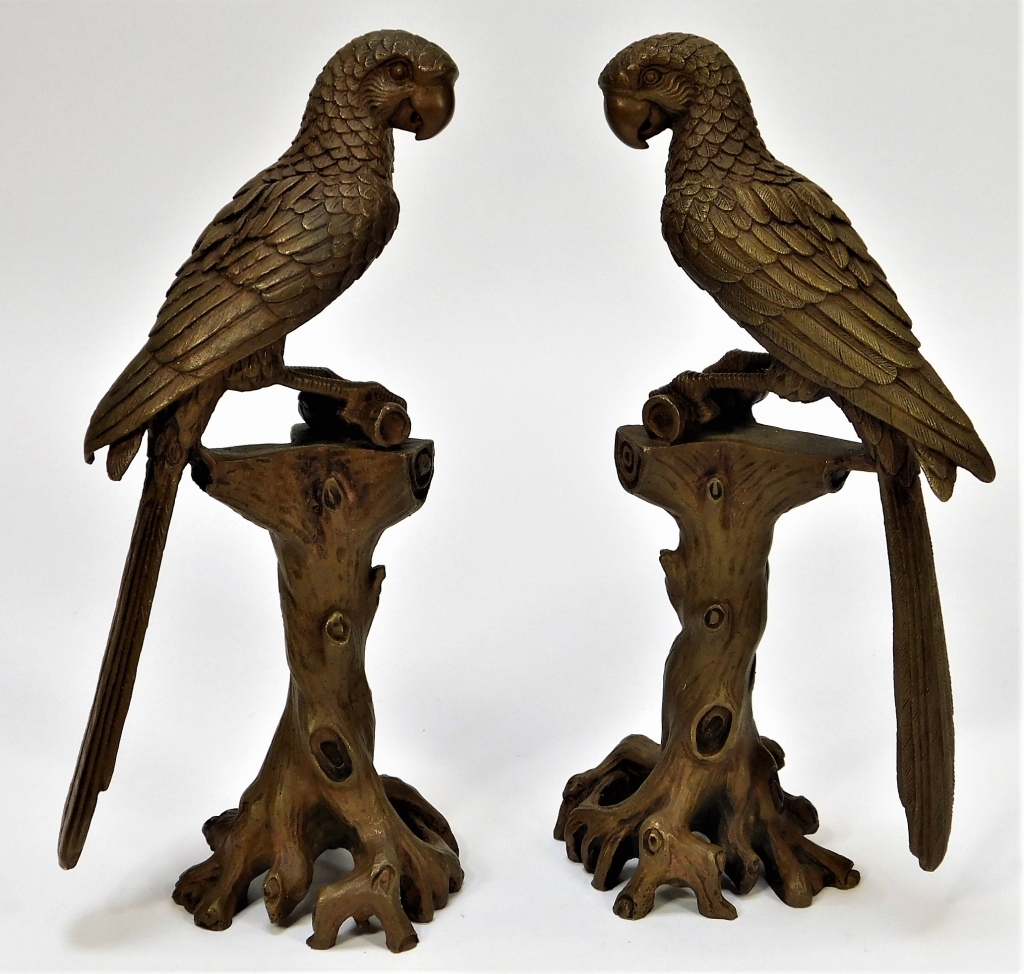 Appraisal: PATINATED BRONZE OPPOSING PARROTS SCULPTURES Unknown th CenturyNaturalistic birds with