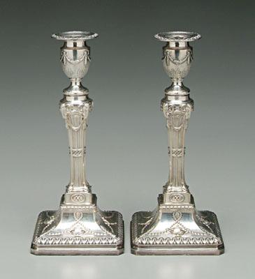 Appraisal: Pair silver plated candlesticks column form urn sockets with swags