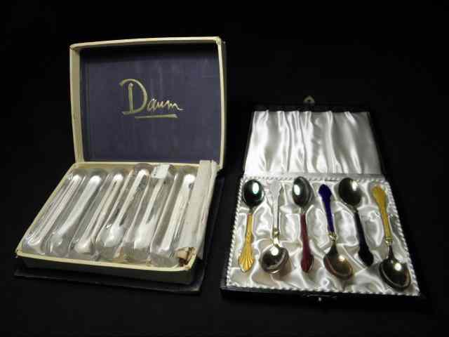 Appraisal: Sterling silver enameled demitasse spoons and six crystal Daum knife