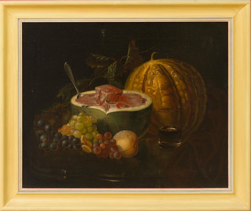 Appraisal: EUROPEAN SCHOOL STILL LIFE WITH WATERMELON GRAPES AND SQUASH Oil