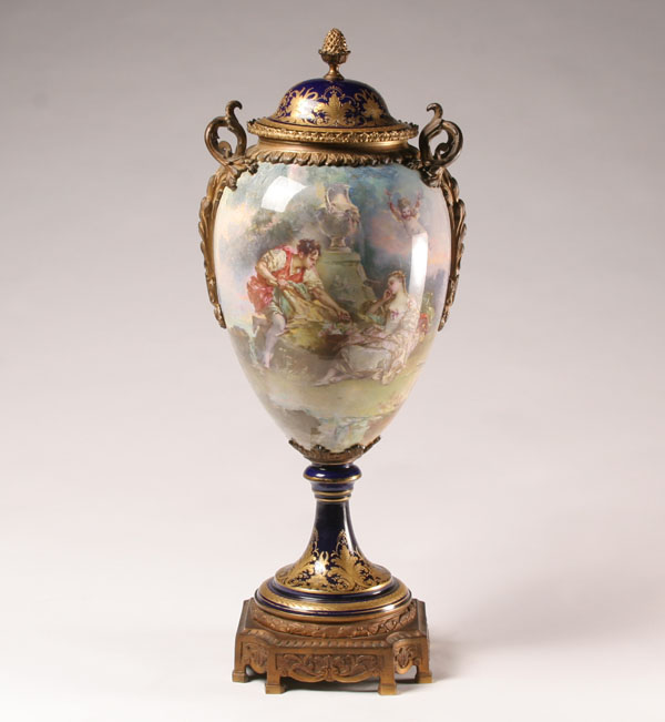 Appraisal: Large Sevres urn mounted on brass base brass accents and