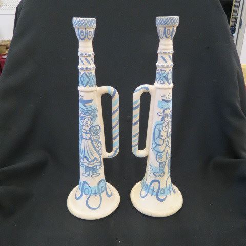 Appraisal: Pair of Chanticleer Pottery Candlesticks trumpet shape with hand painted