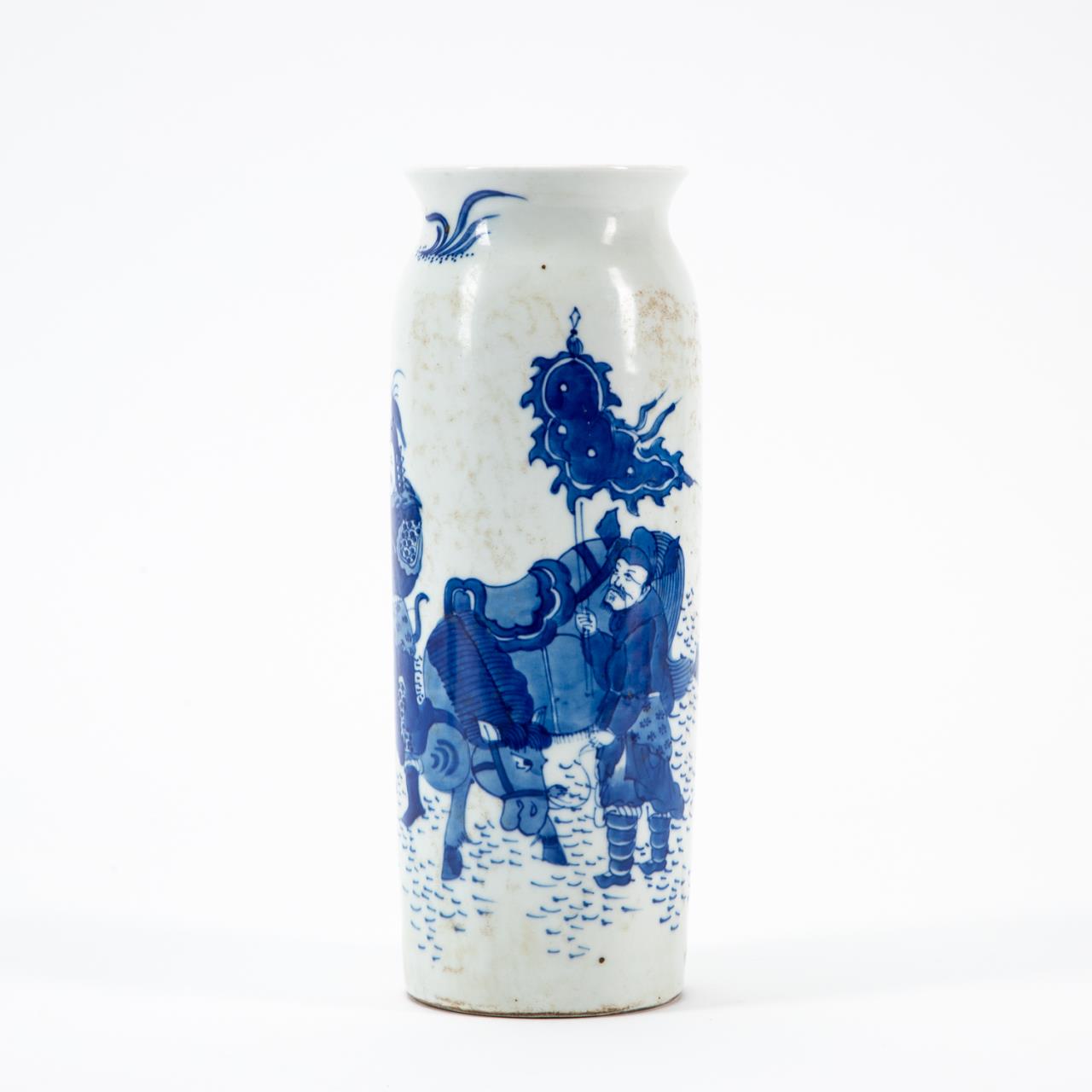 Appraisal: CHINESE PORCELAIN SLEEVE VASE WITH WARRIOR Chinese blue and white